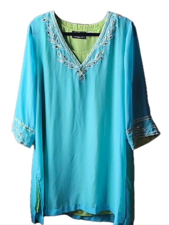 Bob Mackie Tops - Bob Mackie Large Wearable Art 2pc Tunic Set Blue Embroidered Rhinestone